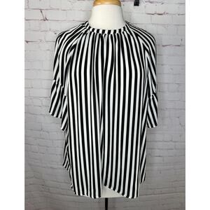 LOFT Black White Vertical Stripe Short Sleeve Blouse Womens Large Top
